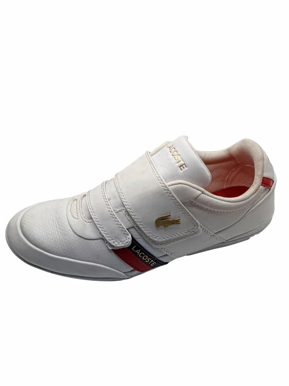 Lacoste Misano Strap Men’s Sneakers Size 8 White Leather Red Gold Double Strap